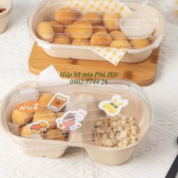 Hộp bã mía 2 ngăn kèm nắp nhựa PET 750ml